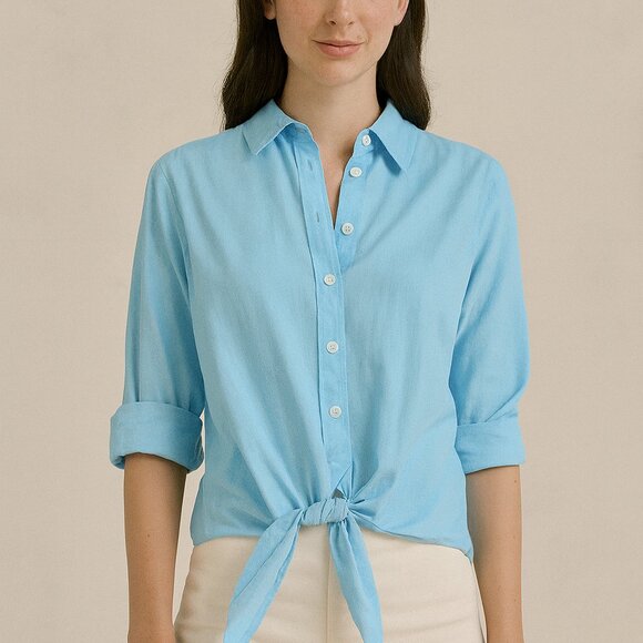LOFT Sky Blue Linen Blend Button Up Shirt Front Tie Coastal Casual Summer Beachy - Picture 1 of 8